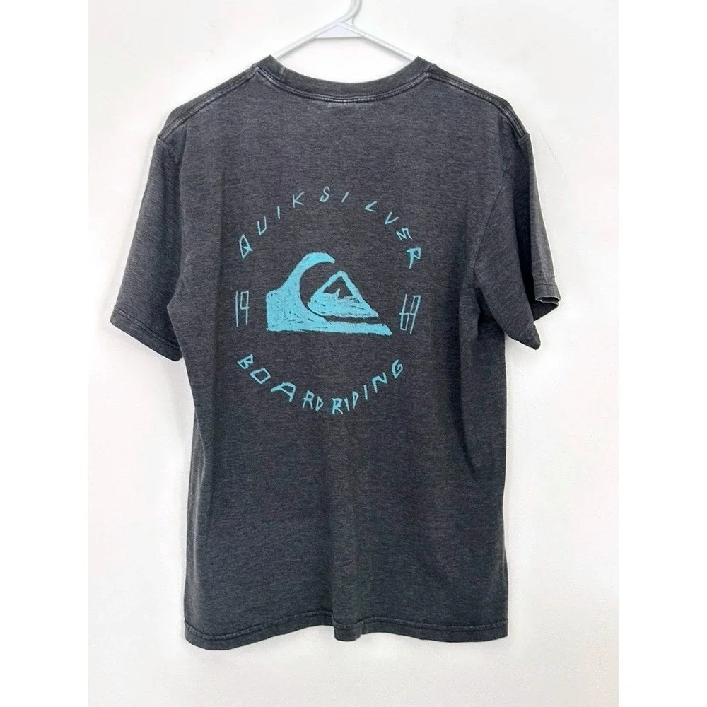 Y2K Quiksilver T-Shirt Medium Gray Grunge Skater Surf Logo Tee HOLES Distressed